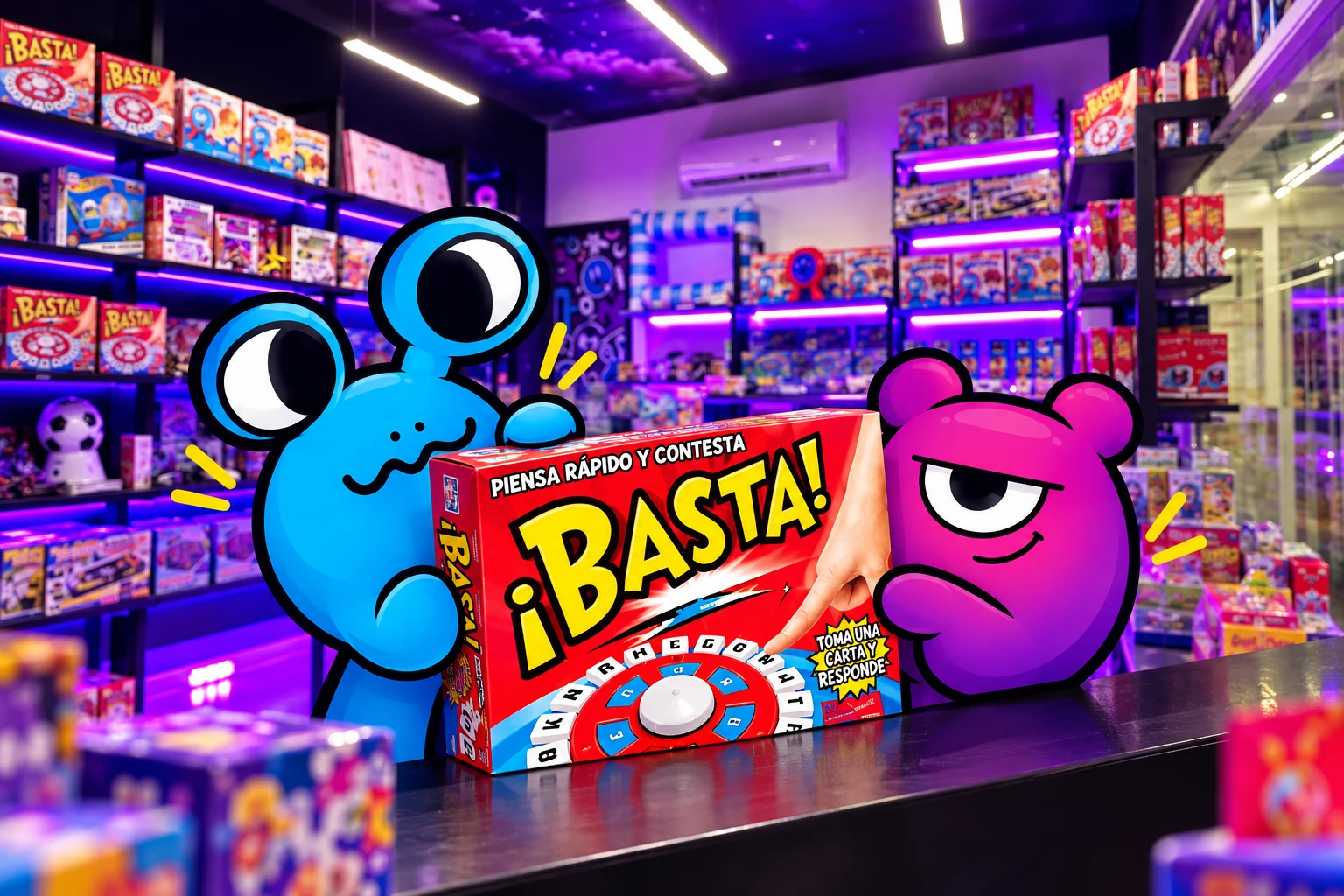 Los monstruos de ToyFull con el juego ¡Basta! en la tienda